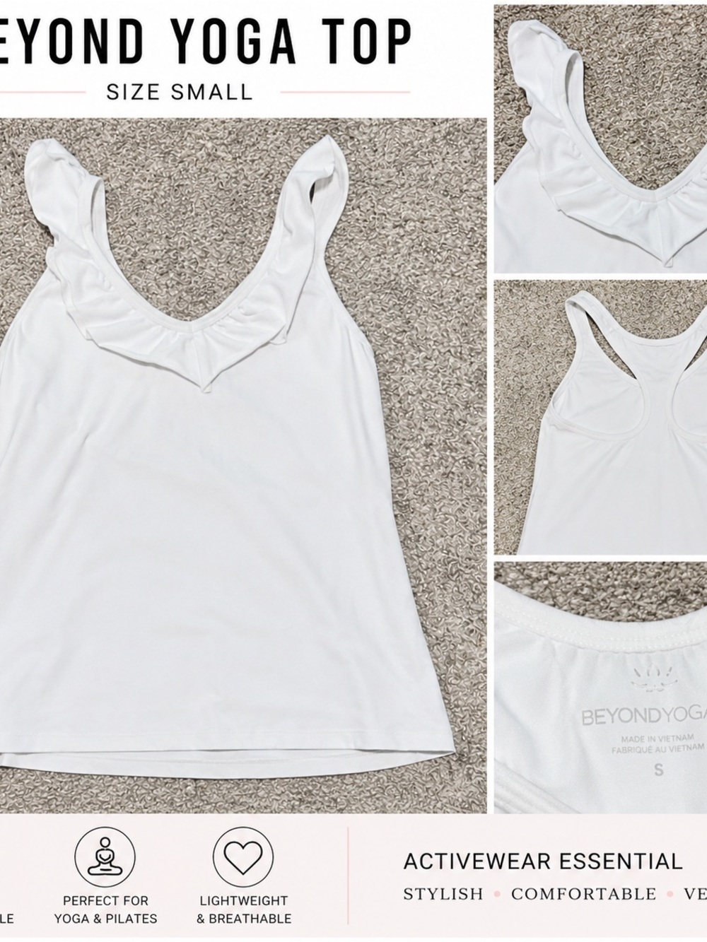 Beyond Yoga White Ruffle-Trim Tank Top - Small